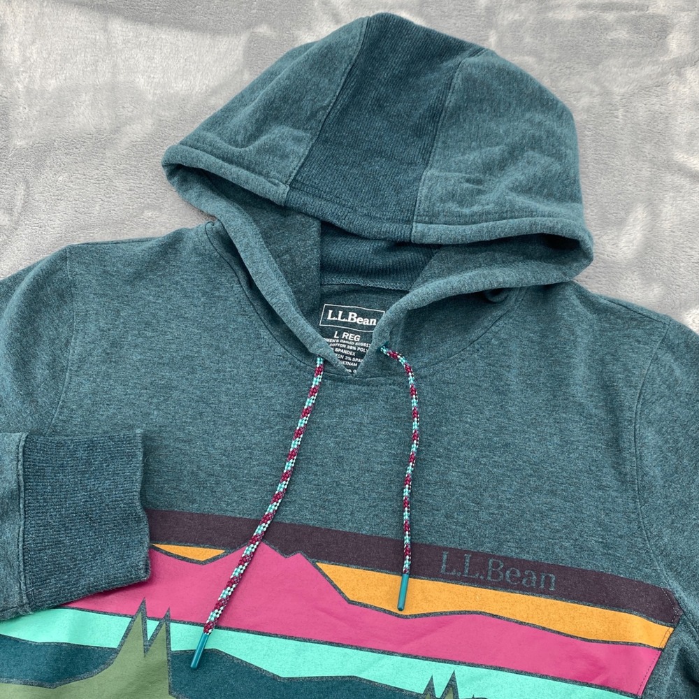 LL Bean Womens Teal Mountain Graphic Pullover Hoodie L Large 505617 Thumbholes
